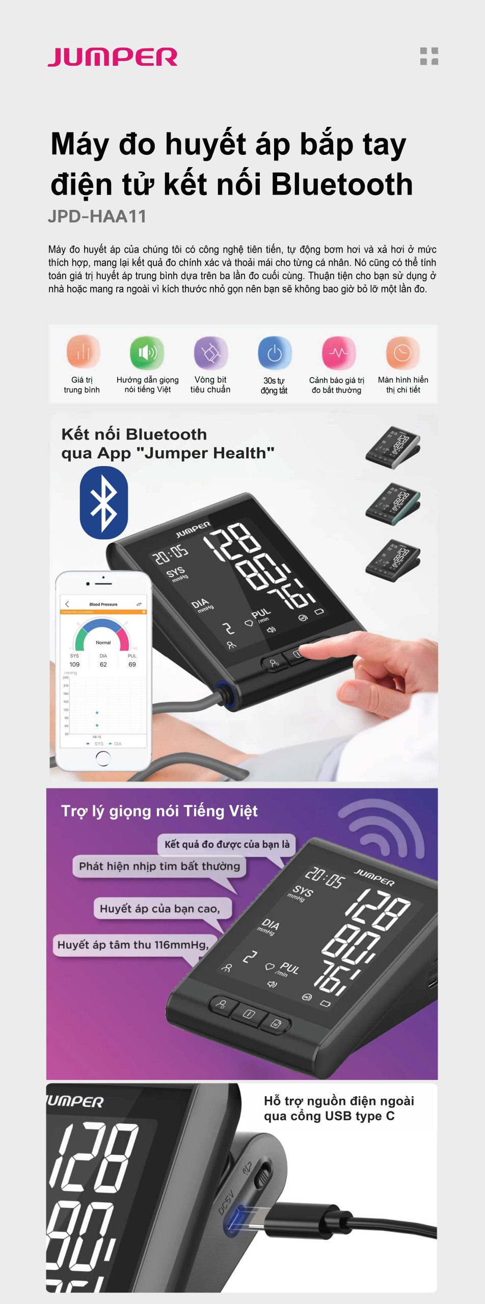 Máy đo huyết áp bắp tay điện tử kết nối Bluetooth Jumper JPD-HAA11
